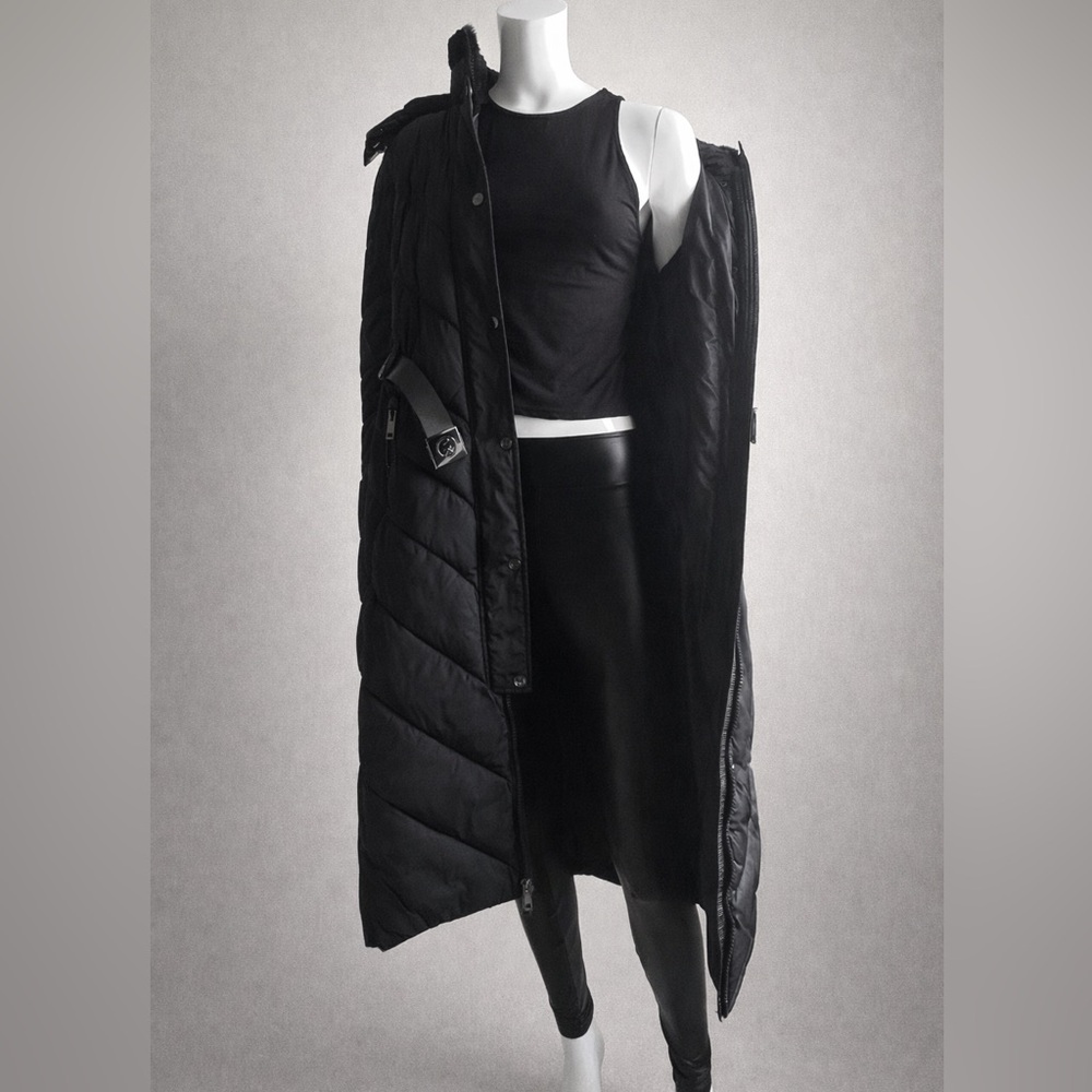 MICHAEL KORS Dogwalker Full Length Maxi Black Puffer Belted Hood Coat Size S